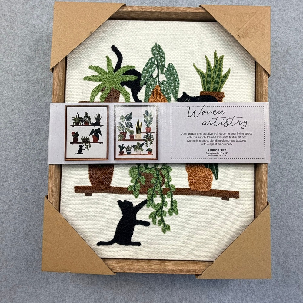 BP Home Woven Artistry Embroidered Wall Art 2 Piece Set Cats and Plants 11x14